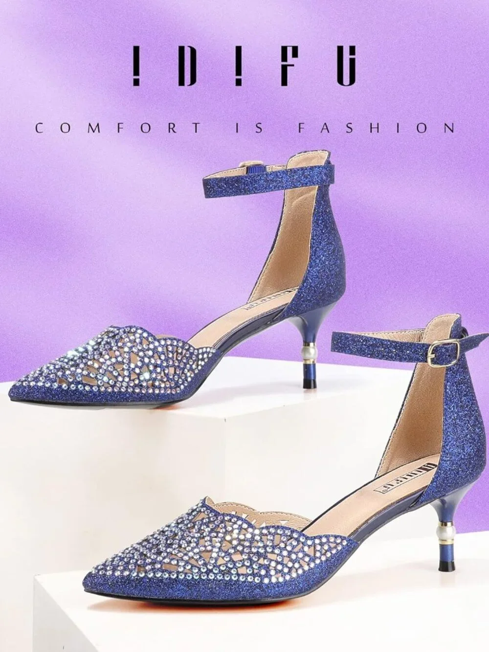 Women's Blue Glitter Rhinestones Low Kitten Heels Pumps Evening Dress Shoes